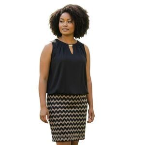 PERCEPTION BLACK, GOLD, & SILVER SEQUIN CHEVERON DRESS SZ.18 EUC